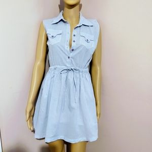 Blue & white pinstripe sleeveless button up dress
